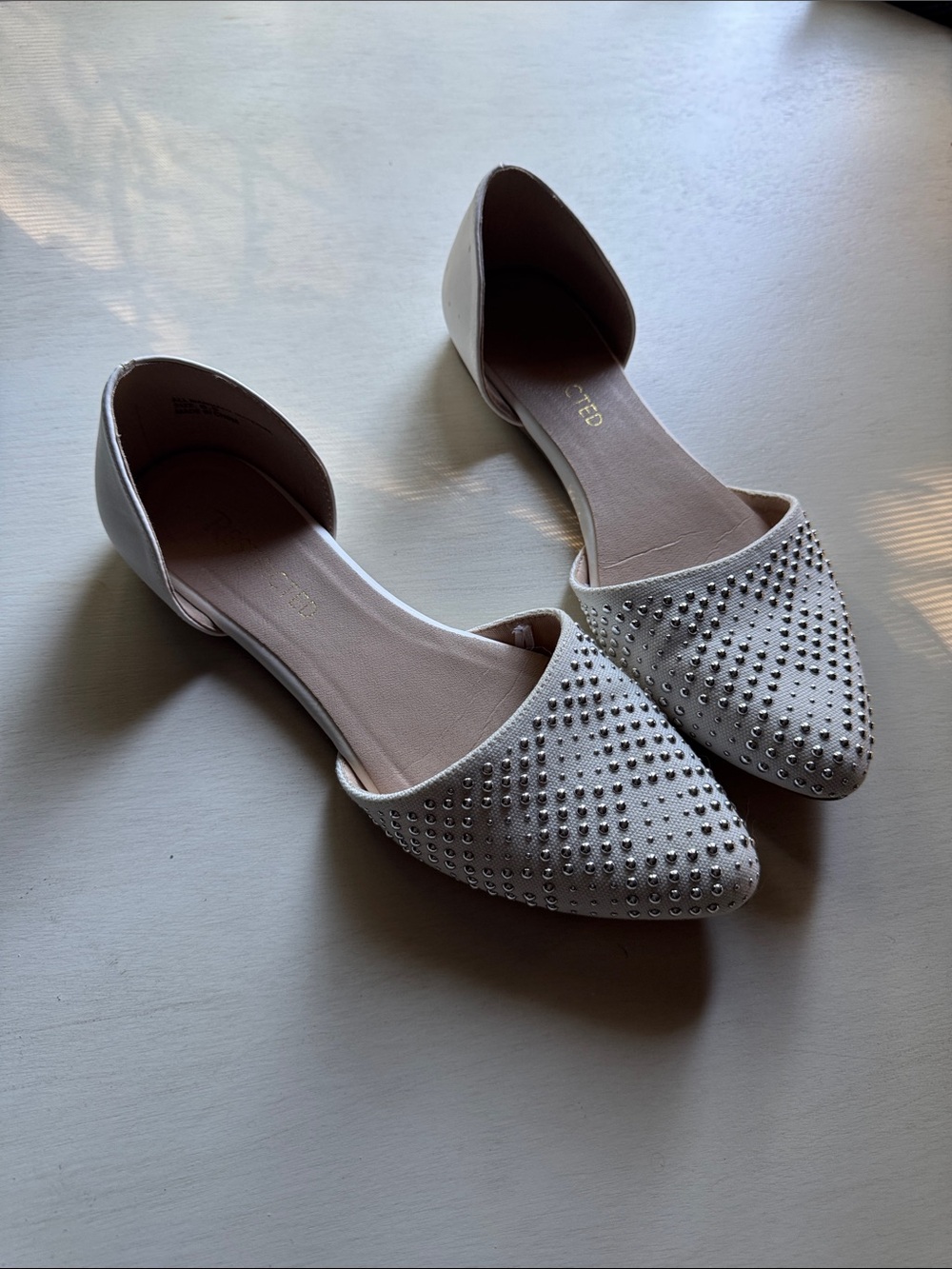 Studded Pointed Toe D'Orsay Flat - White